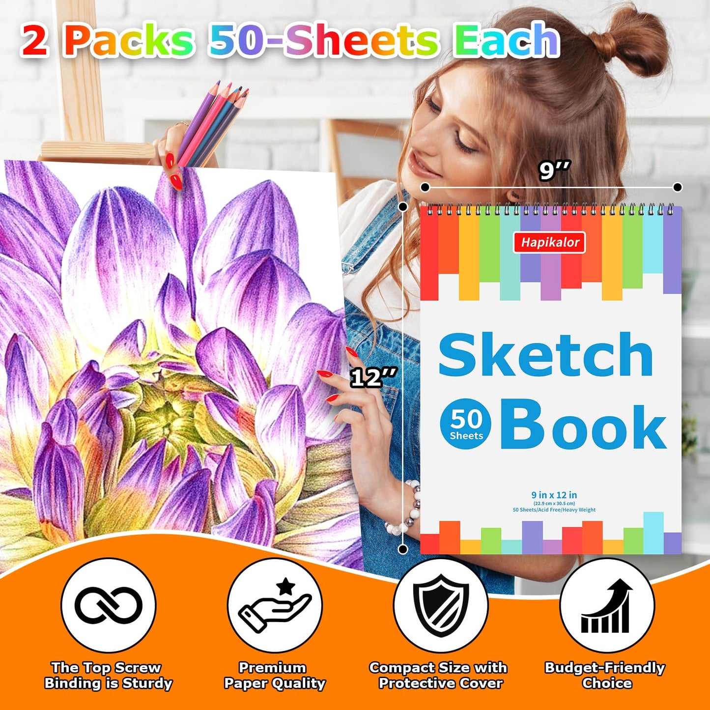 9" x 12" Sketch Book, 2-Pack 50 Sheets Spiral Bound Art Sketchbook, Acid Free Artist Drawing Book Paper, Art Supplies for Adults Kids, Craft Activities, Sketch Art Paper For Drawing Coloring Sketching