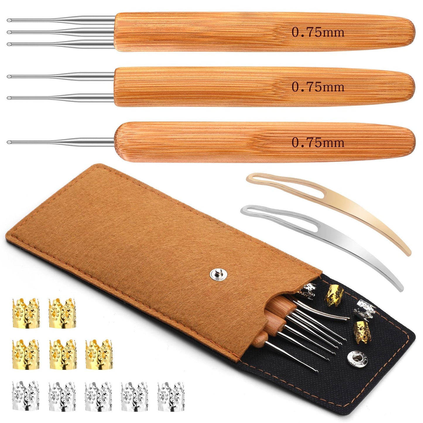 3 Pcs Dreadlocks Crochet Hooks, Dreadlocks Crochet Needle, Bamboo Handle Crochet Hook for Hair Dreadlock Braid Craft, Dreadlock Crochet Hook Tool 0.75mm (1, 2, 3 Hooks)