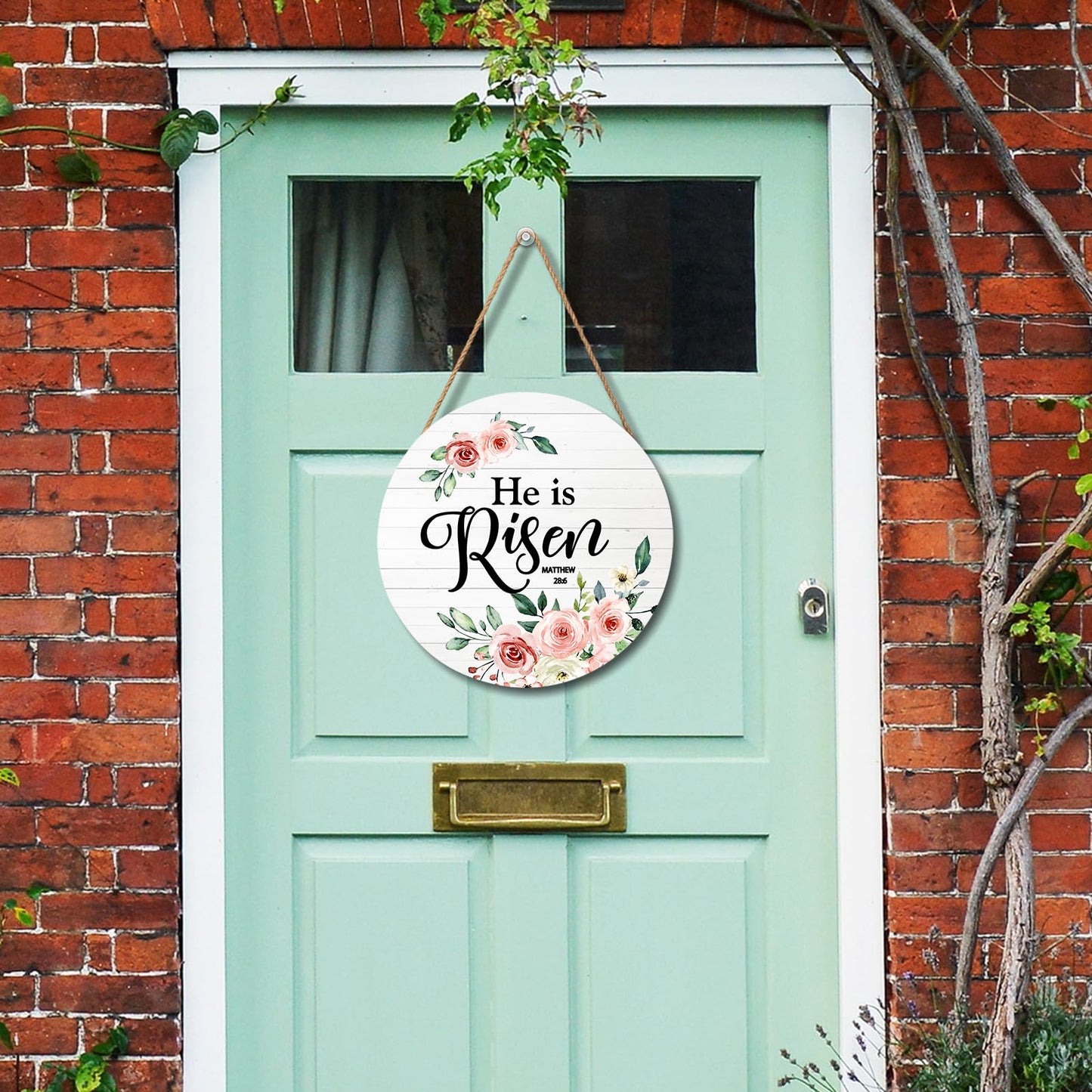Harooni Easter Sign He is Risen Wooden Hanging Plates 12"x12" Religious Door Hanger Sign