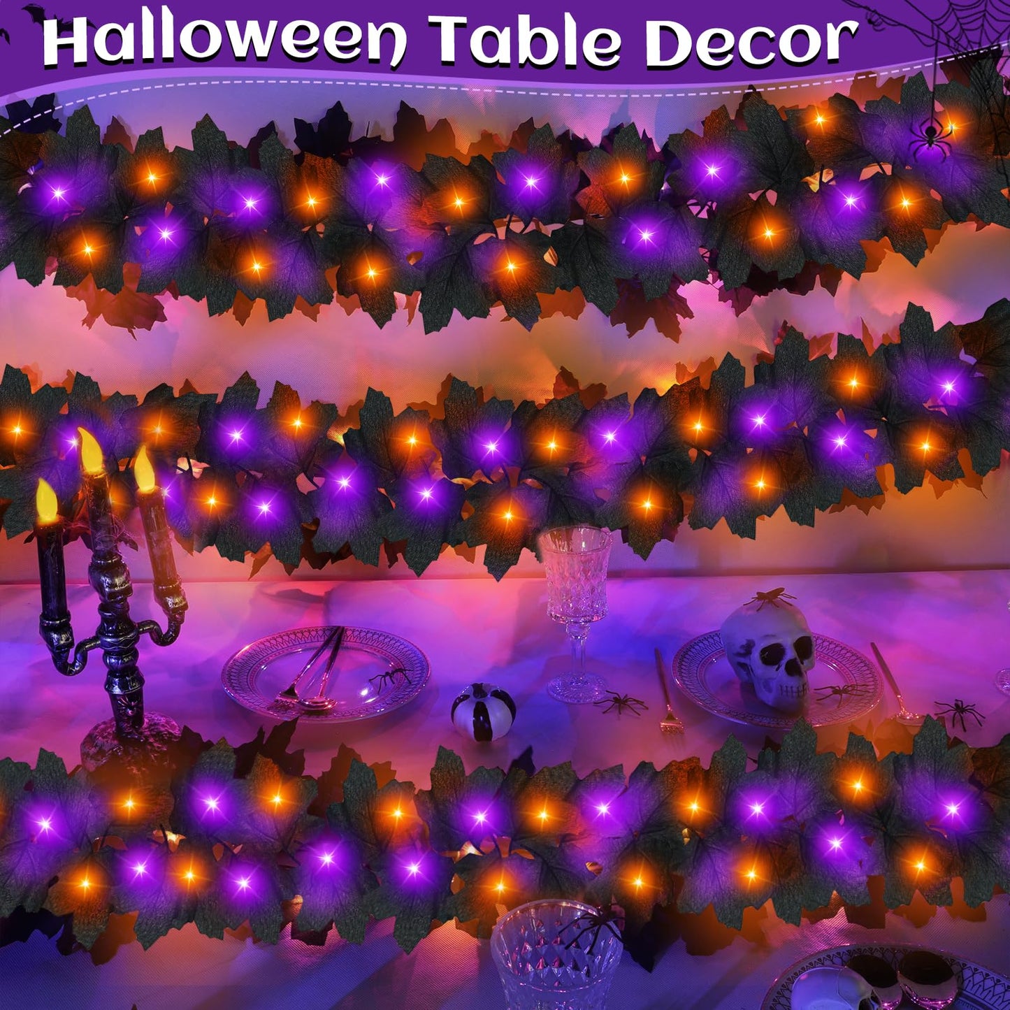 Timer & 3 Pack - Halloween Garland with Lights Total 18Ft 78LED Orange & Purple Lights Battery Operated Lighted Black Maples Leaves Garland Halloween Decorations Indoor Outdoor Mantle Home Door Stairs