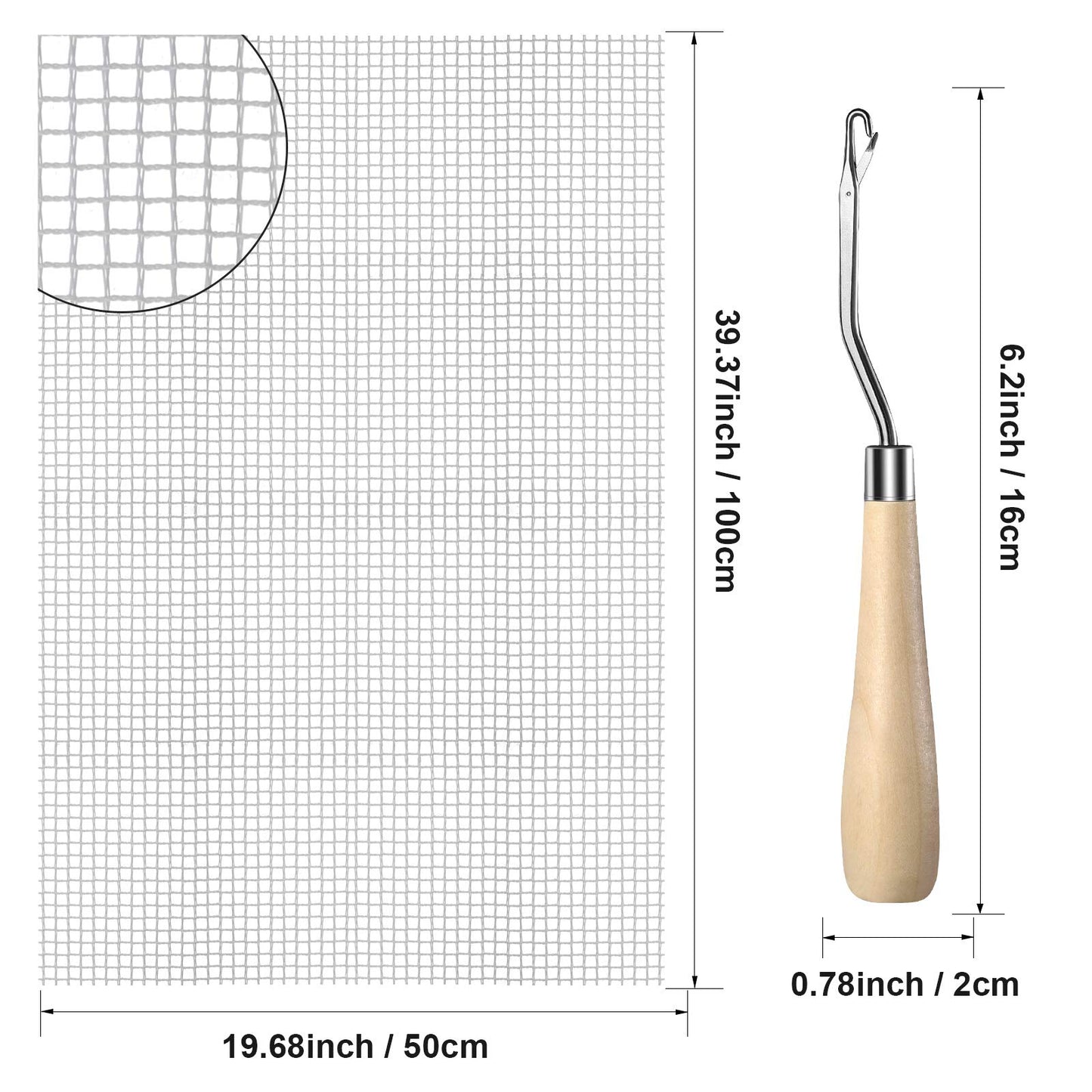 WILLBOND 2 Pieces Blank Rug Hooking Mesh Latch Hook Mesh Canvas Kit with 2 Pieces Wooden Bent Tool for DIY Tapestry Canvas (19 x 39 Inches)