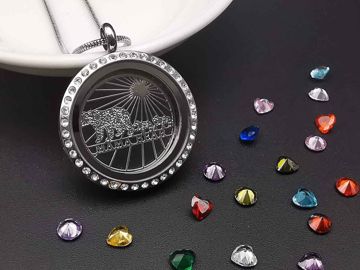 Veeshy Mama Bear Necklace with Two 2 Cubs Necklace for Women, Floating Locket Pendant with 24 Birthstones & Charms for Mummy Mother Family Mom Grandma