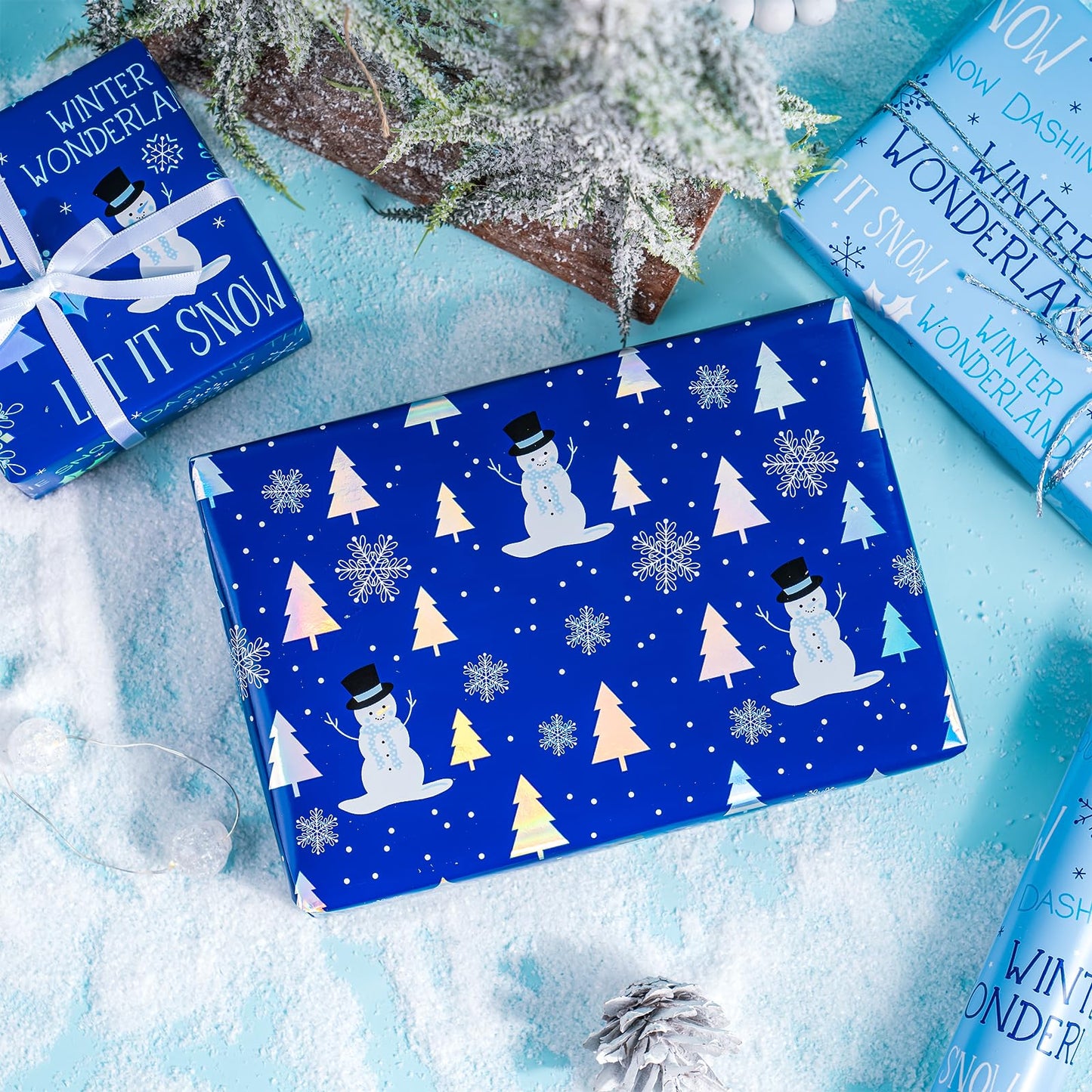 Christmas Wrapping Paper Roll - Mini Roll - 3 Rolls - 17 Inch x 120 Inch Per Roll - Blue and White Winter Wondland, Snowflake, Snowman Holiday Collection with Metallic Foil Shine