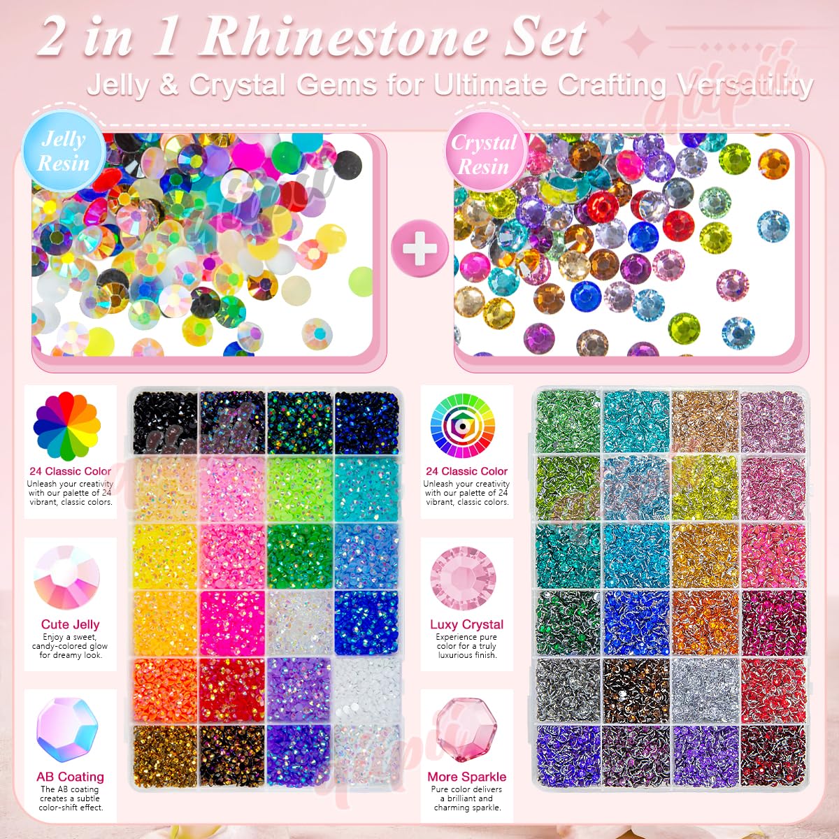 qiipii 48 Color 4mm Jelly AB & Crystal Colorful Resin Rhinestones for Bedazzling Crafting SS16 Flatback Stones Gems Diamonds Charms for Nails Eyes Face Makeup Beauty Tumblers Bottles DIY Crafts Shoes