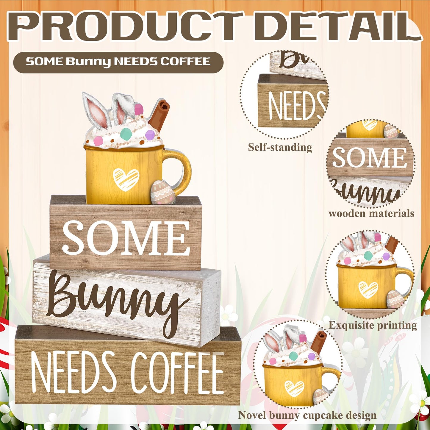 4 Pcs Easter Table Decorations Wooden Coffee Bunny Tiered Tray Decor Happy Easter Centerpiece for Tables Decorative Rabbit Block Signs Gifts Farmhouse Rabbit Decor for Home Kitchen Shelf