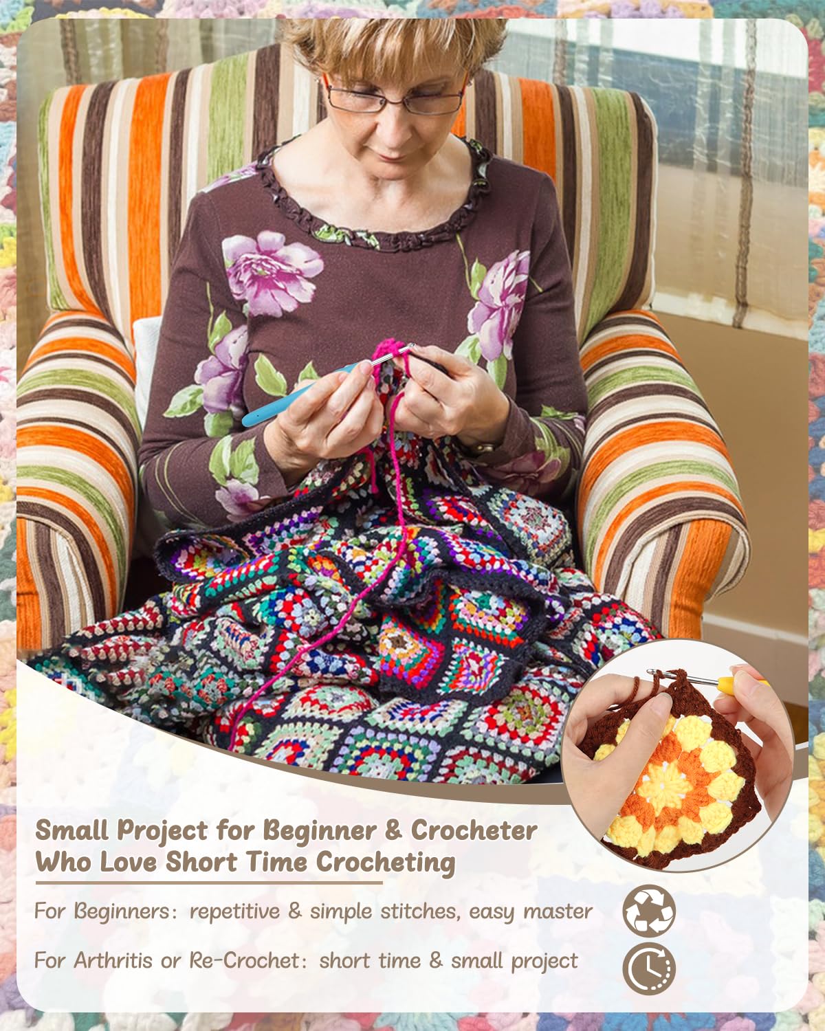 Crochet Kit for Beginners, Granny Square Crochet Kit for Adults Includes Crochet Blocking Mat Crochet Book, Beginner Crochet Kit for Kids Learn to Crochet Granny Squares Blanket Bags (GRP A)