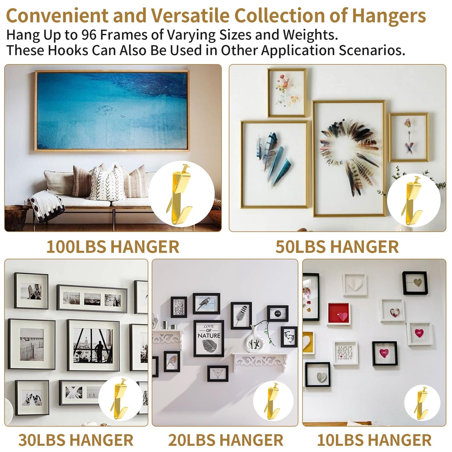 202 PCS Frame Hanger Kit, 10lb, 20lb, 30lb, 50lb&100lb Picture Hanging Hardware Kit, Picture Hanging Tool, Pcture Hangers,Picture Frame Hanging Kit, Picture Hooks for Pictures, Canvas, Mirror (Gold1)