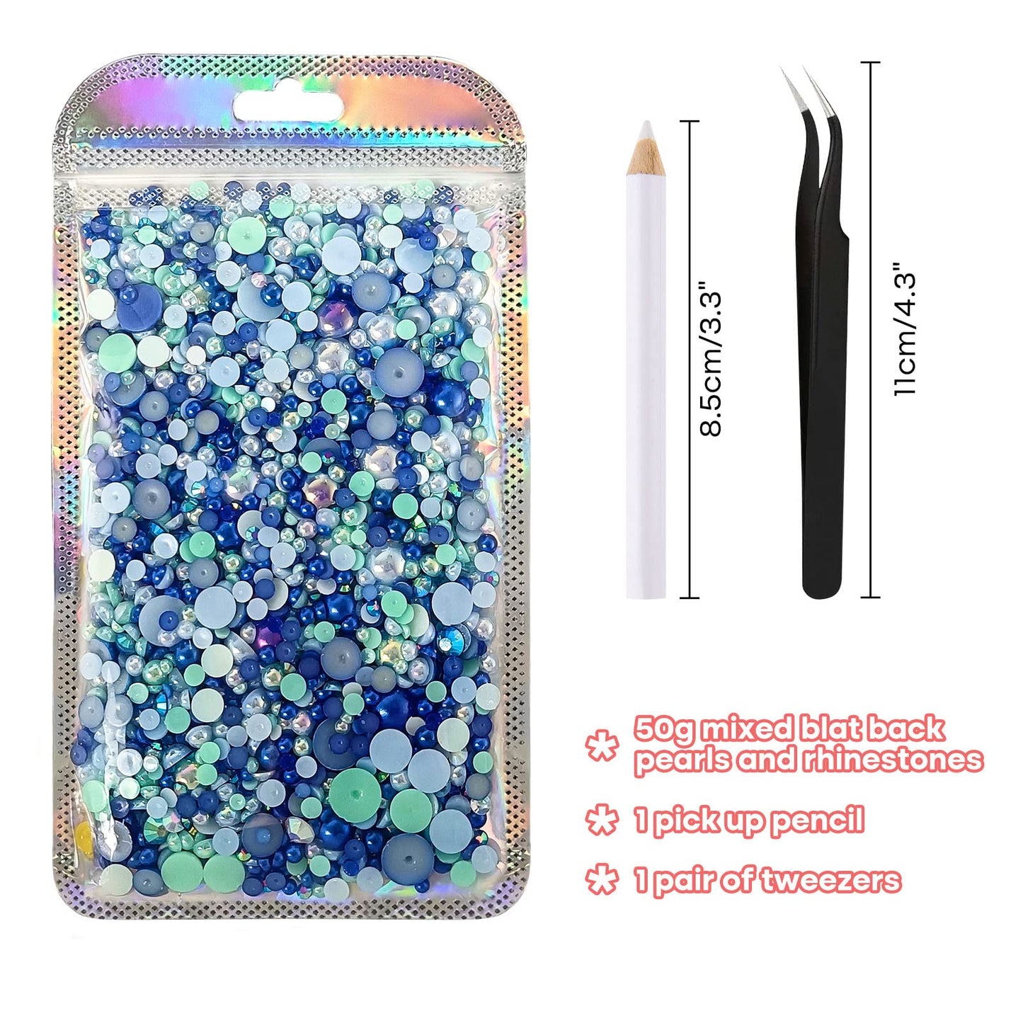ASTARON 50g Mix Flatback Rhinestones Half Pearls for Crafts Mixed Size 3mm-10mm Flat Back Rhinestones for Crafts Flatback Pearls for DIY Tumblers Mugs Nail Art Shoes Clothes (Blue Series)