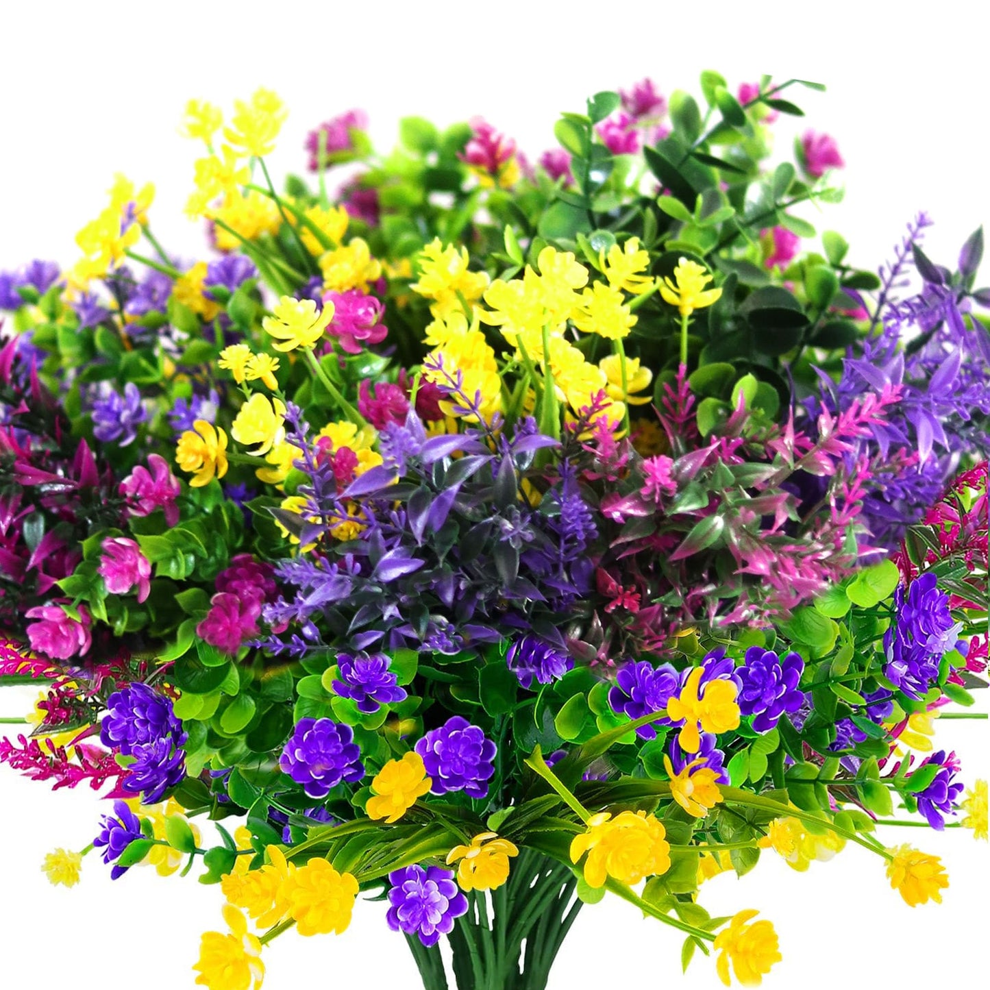 YIBUKIY 12 Bundles Artificial Fake Flowers Outdoor, 6 Styles UV Resistant No Fade Faux Plastic Greenery Shrubs Plants for Hanging Garden Porch Window Box Farmhouse Outside Decoration
