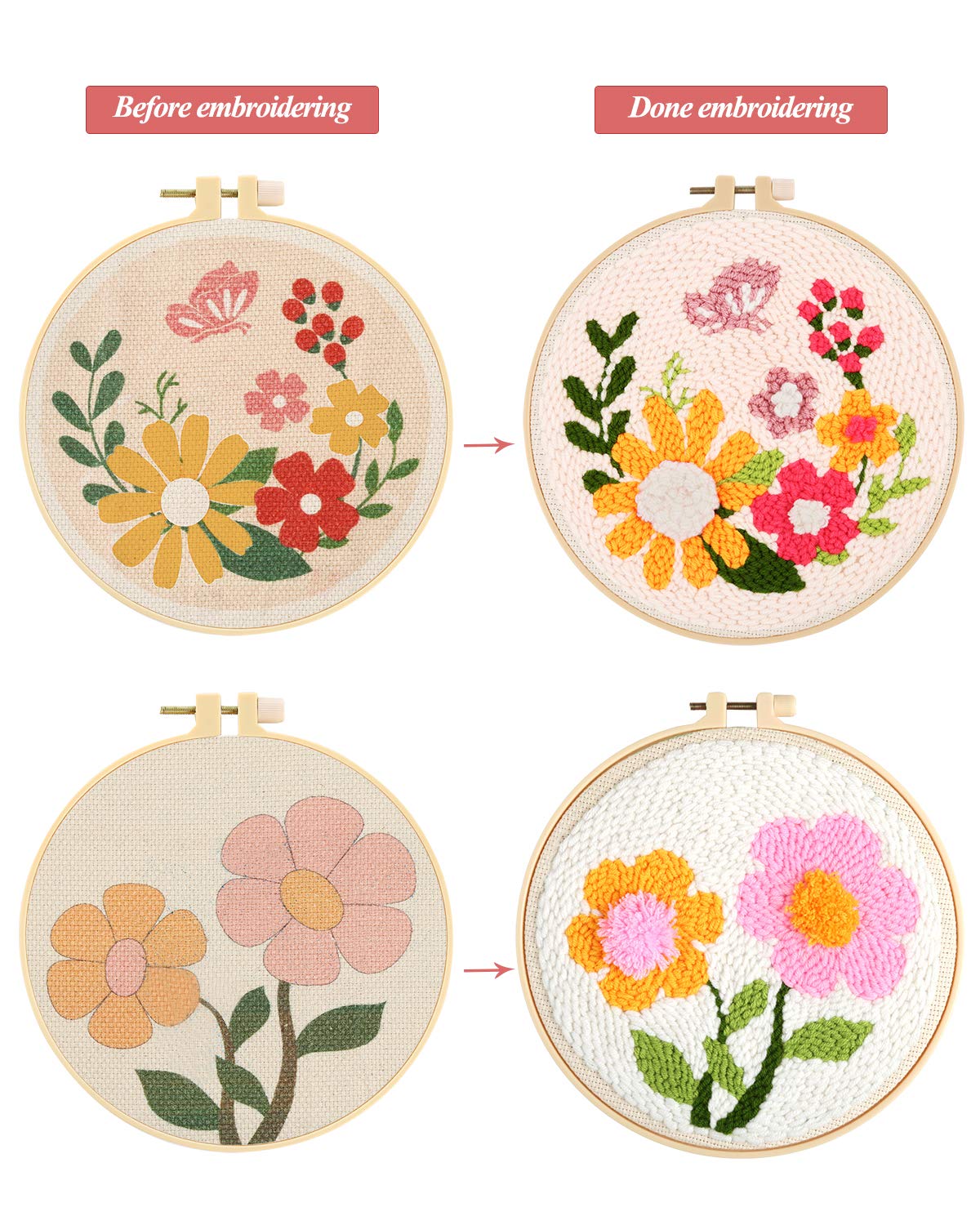 Pllieay 2 Set Punch Needle Embroidery Starter Kits Include Instructions, Punch Needle Fabric with Pattern, Yarns, Embroidery Hoops for Rug-Punch & Pinch Needle