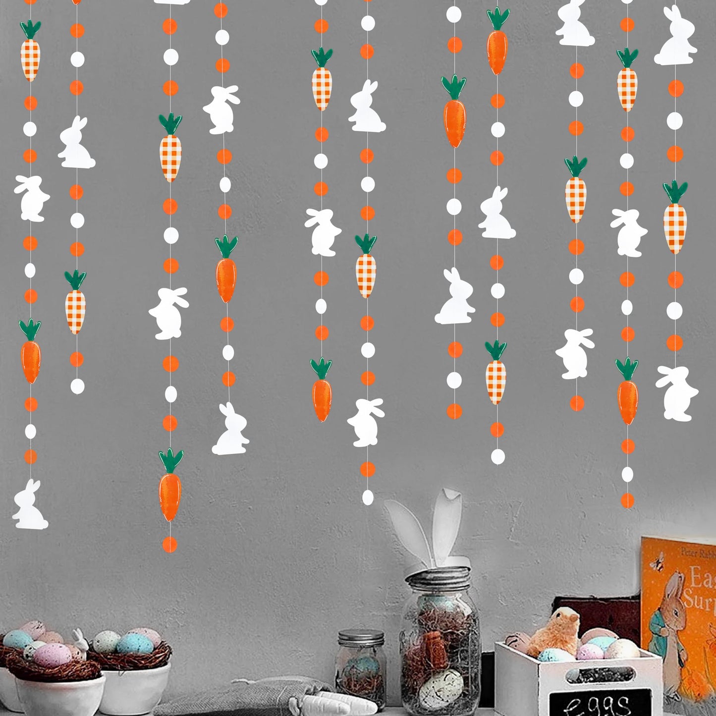 Easter Party Decorations - Bunny Carrot Circle Dot Garland Streamer Hanging Paper Buffalo Plaid Carrot Polka Dot Rabbit Banner for Spring Day Party Supplies