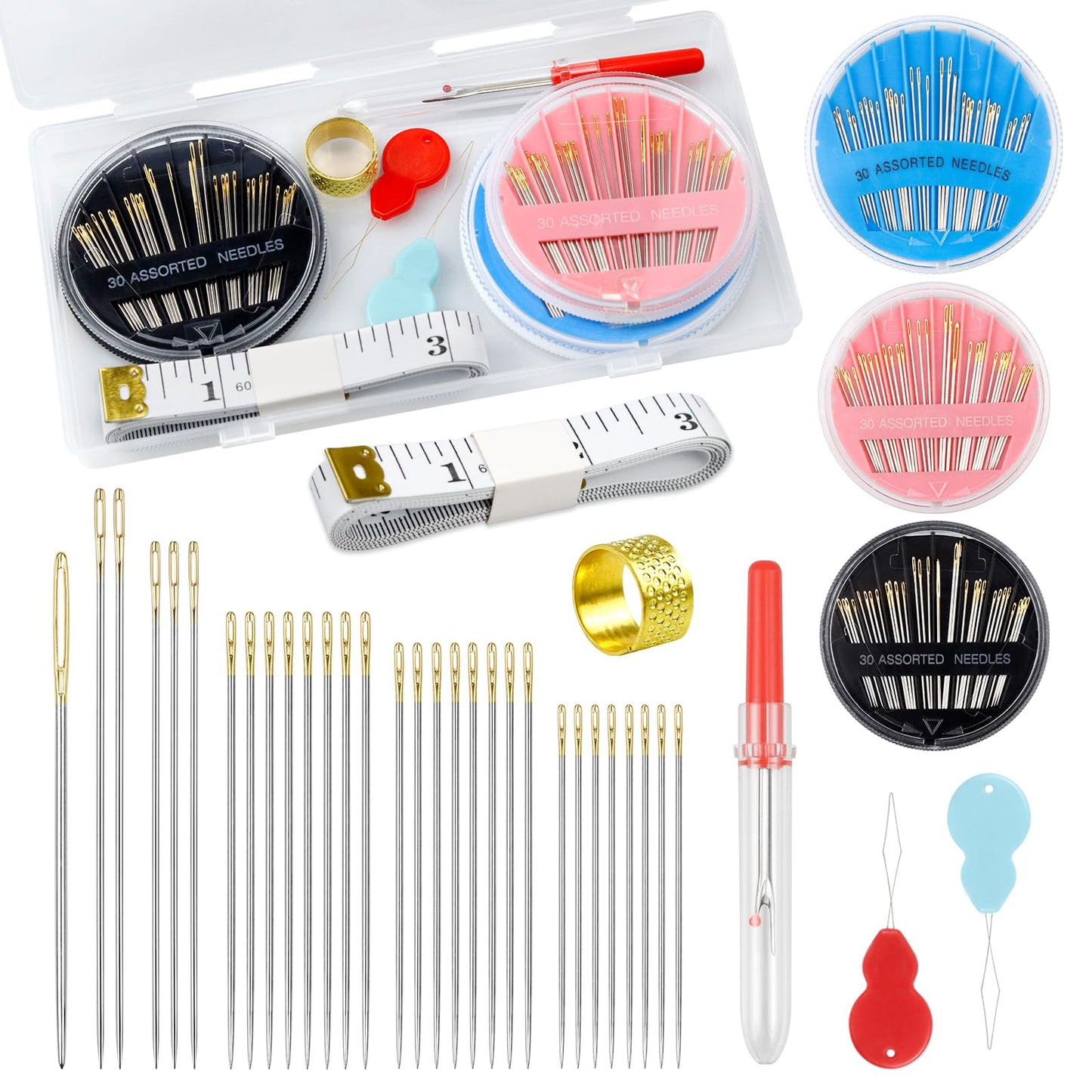 FIVEIZERO Premium Hand Sewing Needles Set,90-Count Assorted Embroidery Needles with threaders,Thread Removal Knife, Thimble,Soft Tape Measure for Hand Sewing Repair