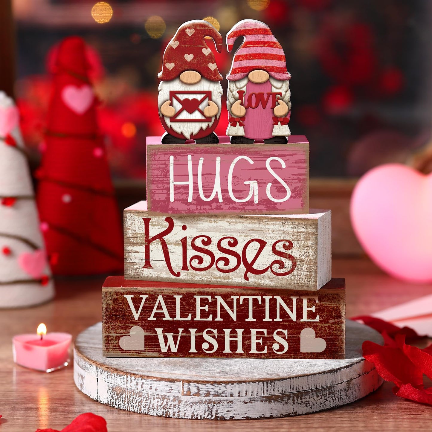 4 Pcs Valentine Day Table Decoration Pink Gnomes Valentine Centerpiece Valentine's Day Tiered Tray Decor Rustic Wooden Gnomes Heart Block Signs Red Pink White Valentines Decor for Home