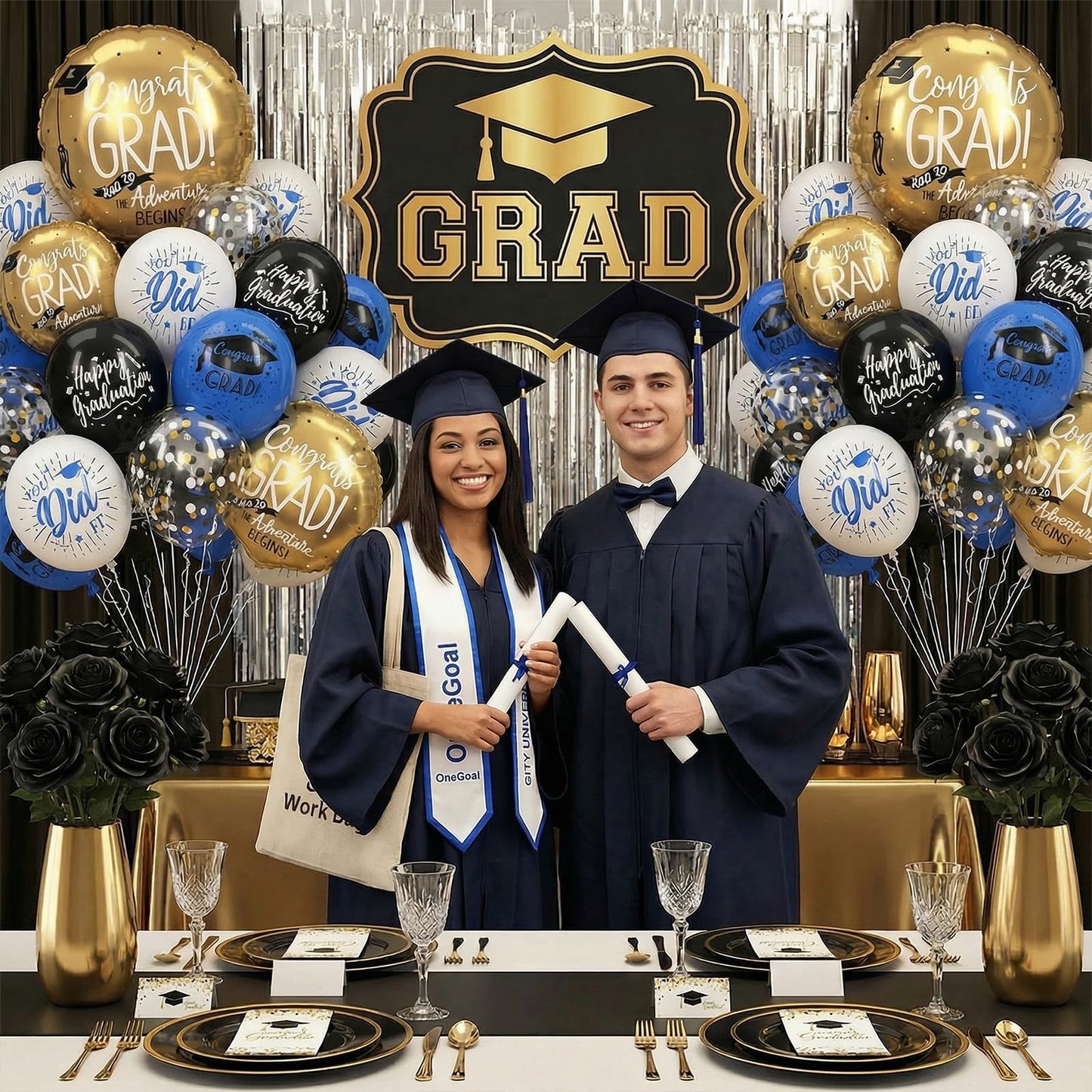 HILAVO Blue and Black Graduation Balloons 2026 Graduation Decoration 18 In Grad Foil Balloon Royal Navy Blue Black White Print Balloon for Class of 2026 Congrats Grad Party Decor College High School