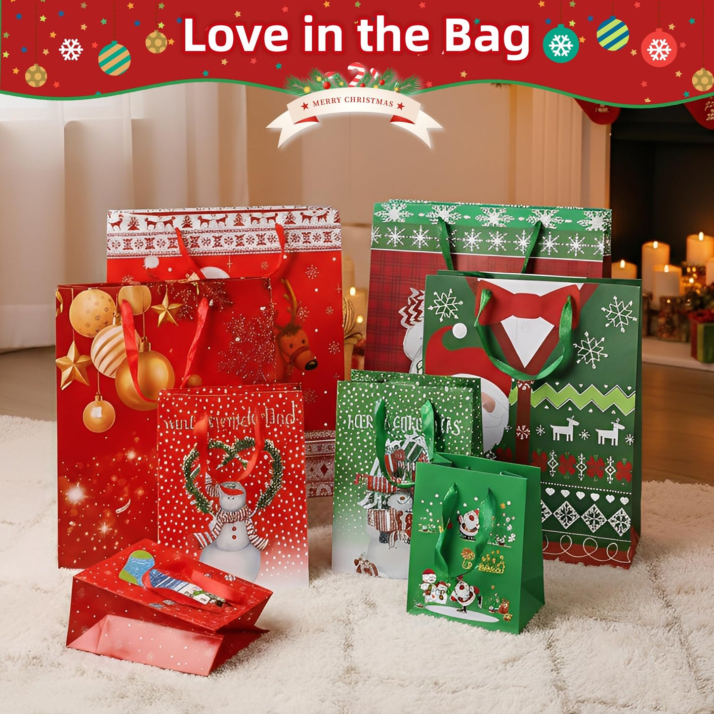 24 PCS Christmas Gift Bags Assorted Size, Featuring Snowman with Presents, Santa reindeer Socks Snowflake Holiday Designs – Perfect for Festive Wrapping Gifts, 6 X-Large, 6 Large, 6 Medium, 6 Small
