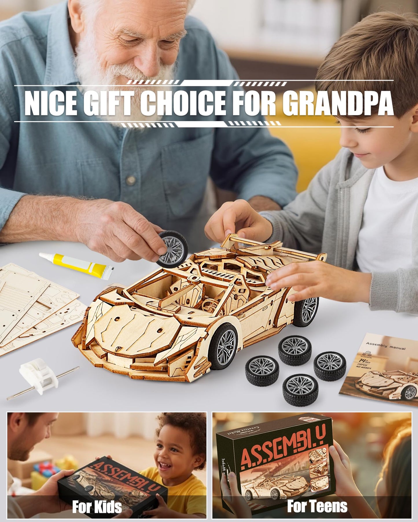 MOCBURIKU 3D Wooden Puzzles for Adults Roadster, Mechanical Wood Sport Car Model Kits for Adult to Build, DIY Assembly Building Toys with Pull Back Function, 119pcs Wood Craft Hobby Gift for Men Teens