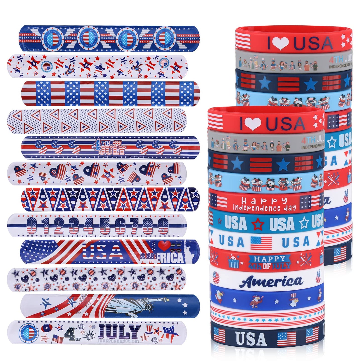 xutengy 48Pcs 4th of July Party Favors Patriotic Decorations American Flag Slap Bracelets Rubber Wristbands Red White and Blue Accessories for Independence Day