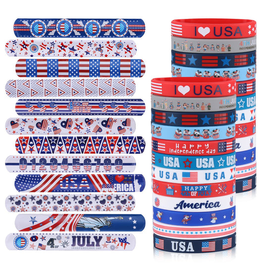 xutengy 48Pcs 4th of July Party Favors Patriotic Decorations American Flag Slap Bracelets Rubber Wristbands Red White and Blue Accessories for Independence Day