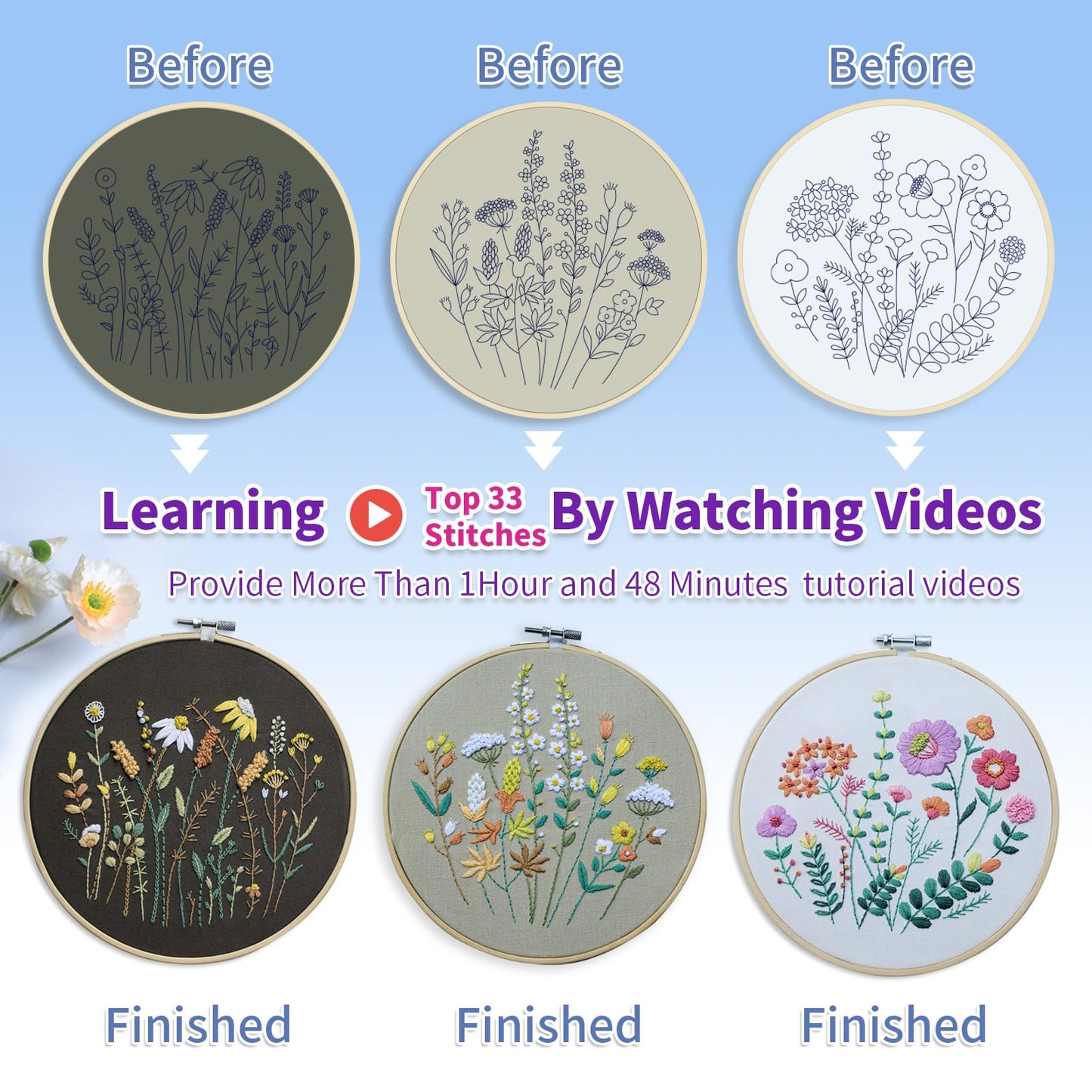 3 Pack Beginner Embroidery Kits, DIY Starter Set with Stamped Flower Designs, Embroidery Hoop, Colorful Threads, Tools