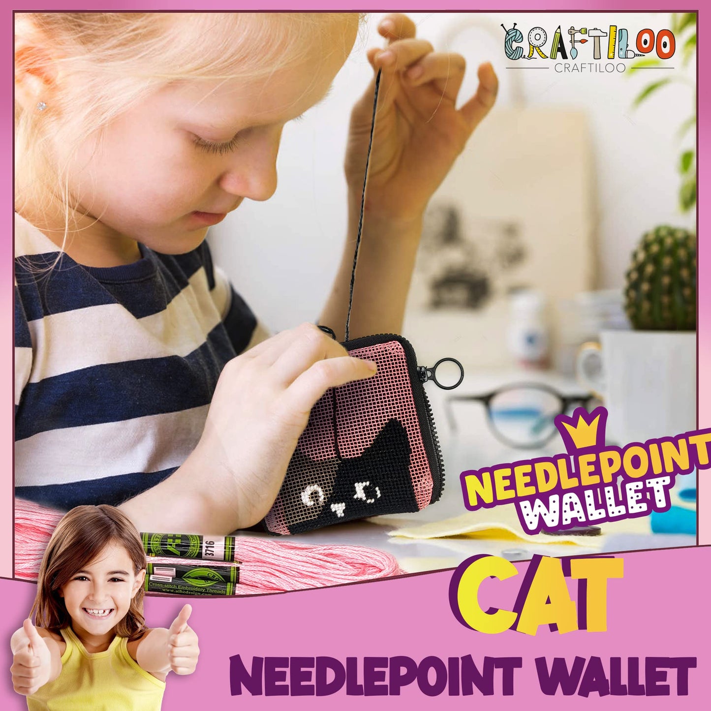 Pre Printed Needlepoint Wallet Kit for Kids Embroidery Arts and Crafts Set Cross Stitch Sewing Kit (Cat)