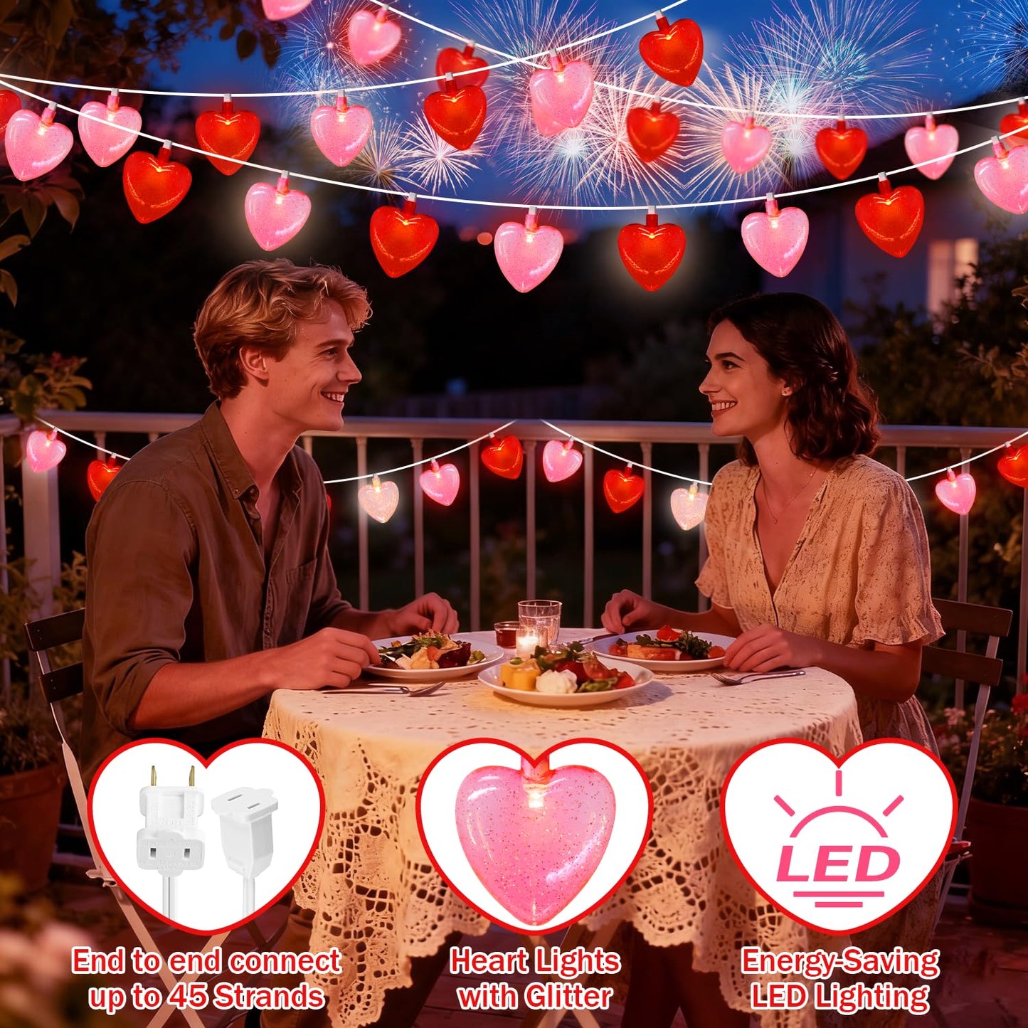 LED Valentines Day Lights - 8.5Ft Led Red and Pink Heart String Lights with Sequins, Plug in Valentine Day Heart Lights Outdoor Waterproof for Valentines Day Decorations for the Home & Party, 0.48W