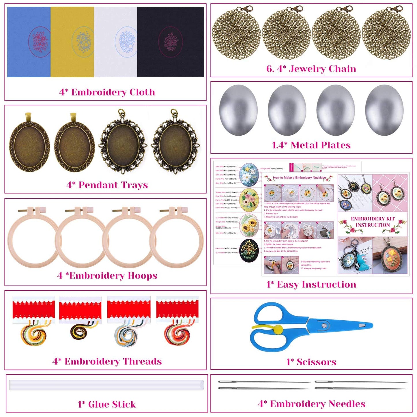 Embroidery Starter Kit - Beginner Friendly with Cross Stitch Patterns, Floral Embroidery Cloth, Pendant Trays & Hoops