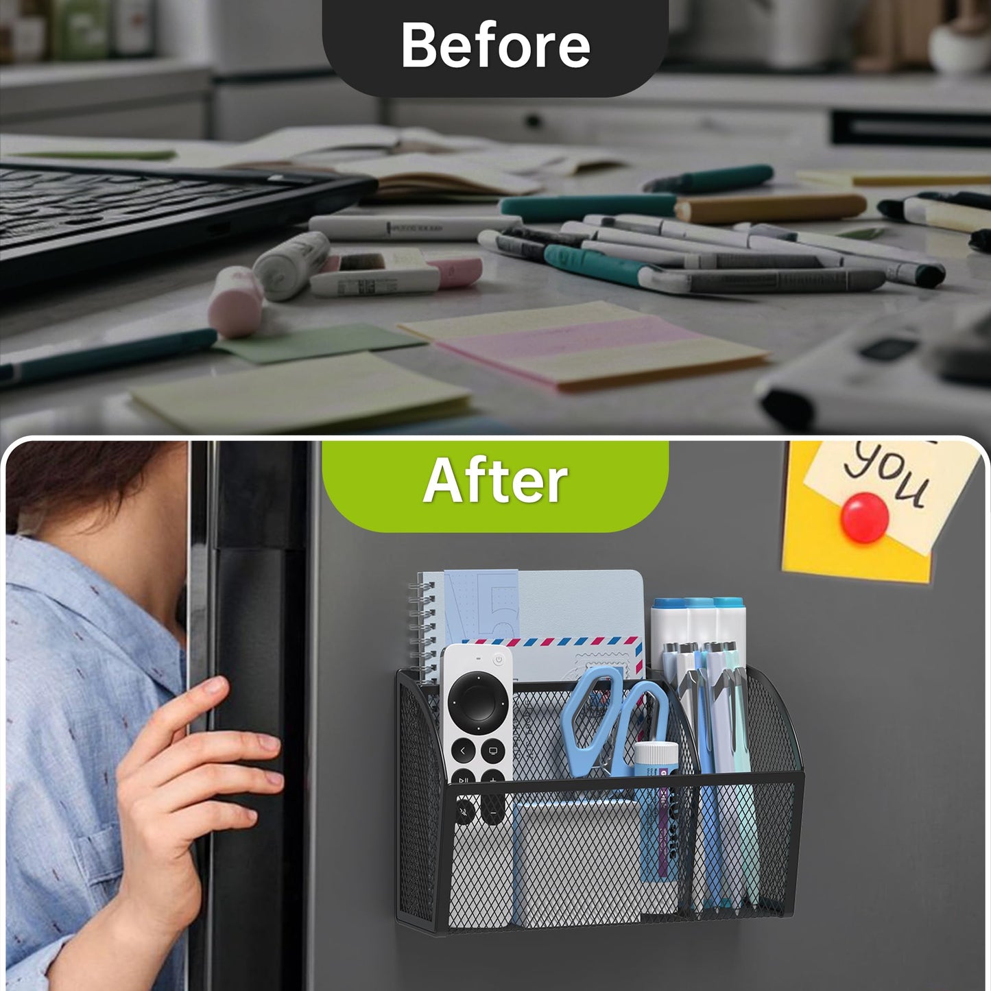 YINGHUA Magnetic Desk Organizer - 3 Compartment Metal Mesh Pen Holder for Locker, Whiteboard, Refrigerator, Office - Black Caddy
