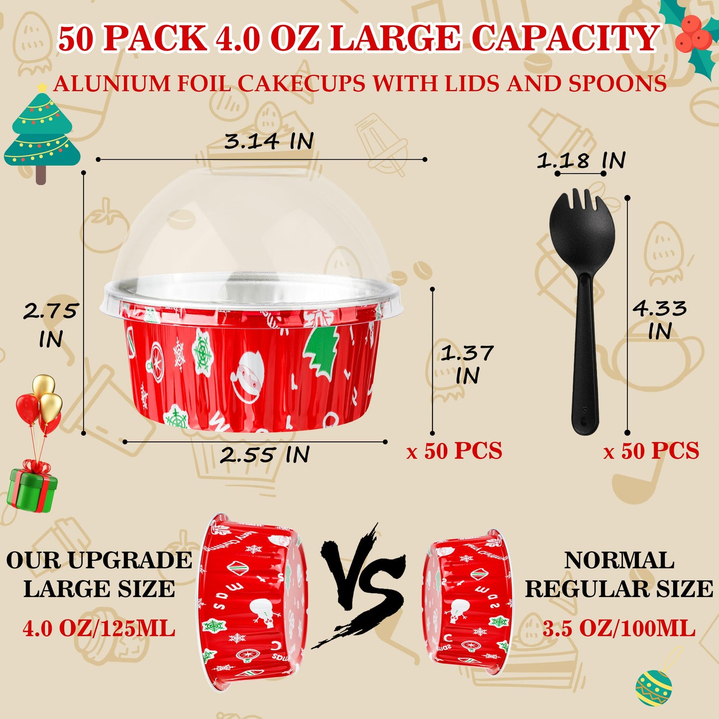 Mini Cake Pans, 50PCS 4OZ Aluminum Foil Baking Cups with Lids Disposable Ramekins Cupcake Containers Wrappers Aluminum Pans With Lids Cake Cups, Red Christmas