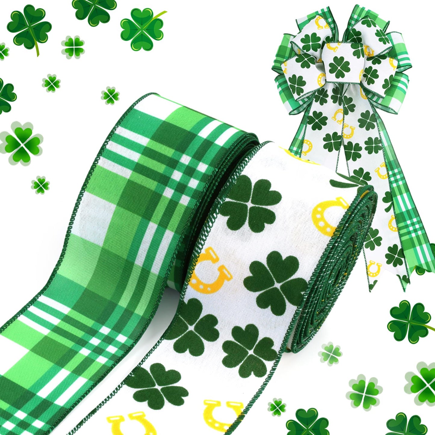 St Patricks Day Ribbon Wired 2 Rolls 2.5 Inch x 20 Yards Tt, Glitter Shamrock Green and White Plaid Ribbon for Crafts Supplies Wreath Bow Making DIY