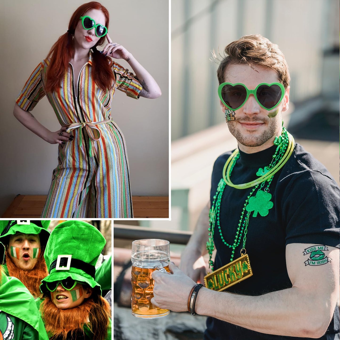 St. Patrick's Day Heart Sunglasses Irish Lucky Green Glasses for Women Men Non Polarized Oversized Trendy Love Shaped Shades Retro Lovely Fashion Cute Sun Glasses Leprechaun Costume Party Decorations