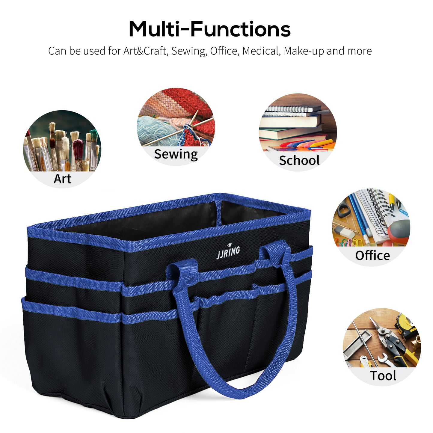JJRING Craft and Art Organizer Tote Bag - 600D Blue Nylon Fabric Art Caddy with Pockets - for Art, Craft, Sewing, Medical, and Office Supplies Storage