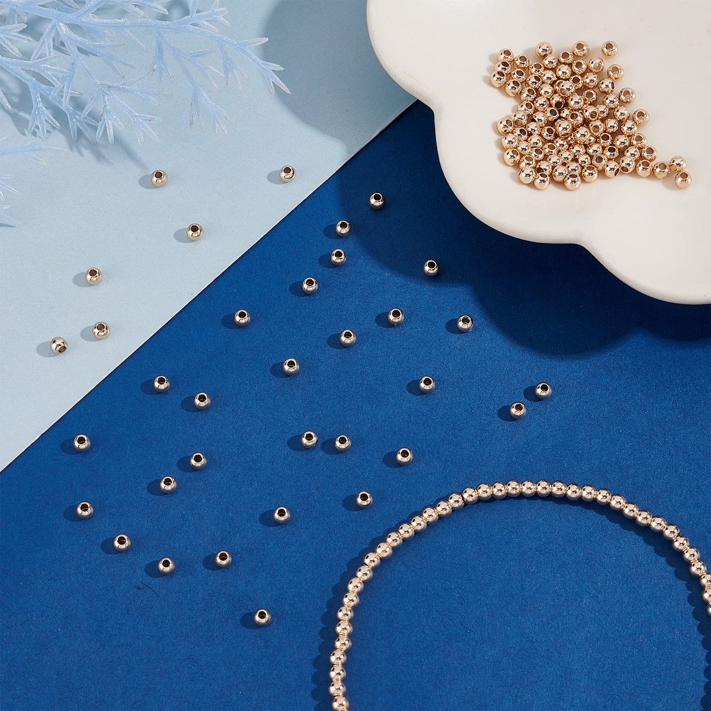 3mm 14K Gold Spacer Beads, 300pcs Mini Smooth Round Beads Seamless Ball Beads Small Brass Loose Beads Metal Beads for Summer Hawaii Layered Necklace Bracelet Jewelry Making