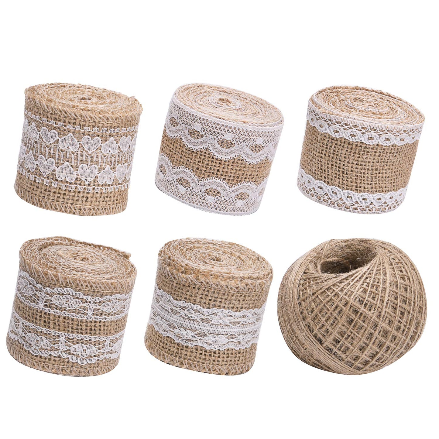 Livder 11 Yards Natural Burlap Ribbon Roll with White Lace and 109 Yard Jute Twine for DIY Home Decoration and Gift Wrap