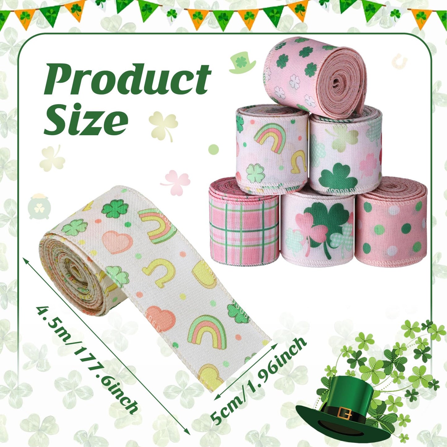 12 Rolls St Patrick's Day Wired Edge Ribbon for Wreaths 2 Inch x 60 Yards Pink Shamrock Lucky Charm Print Grosgrain Ribbon for St Patrick's Day Party Supplies 12 Styles