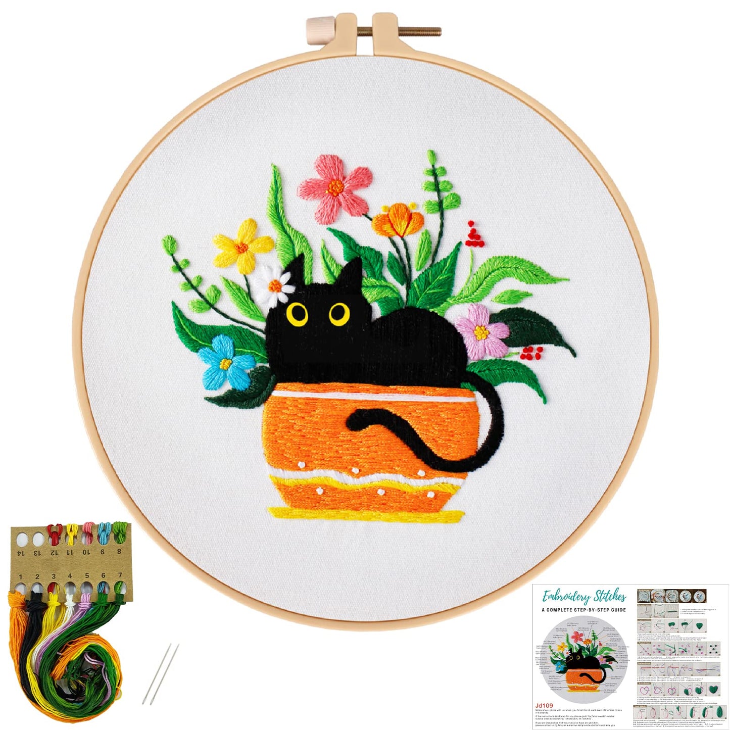 Louise Maelys Embroidery kit with Cat Plant Stamped for Starters, Cross Stitch Kits for Beginners Adults, Include Embroidery Cloth, Hoop,Needles,Instruction and Threads