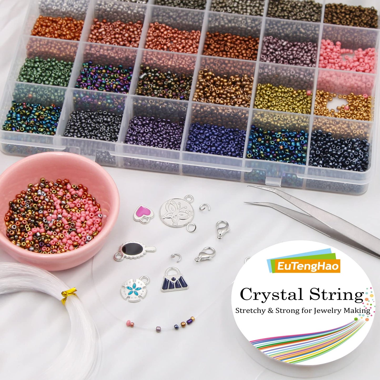 EuTengHao 8/0 Glass Seed Beads Kit, 3mm Metal Color Waist Beads, 24Colors Small Pony Beads with String for Bracelet Necklace Earring Jewelry Making (14405PCS, 600 Per Color)