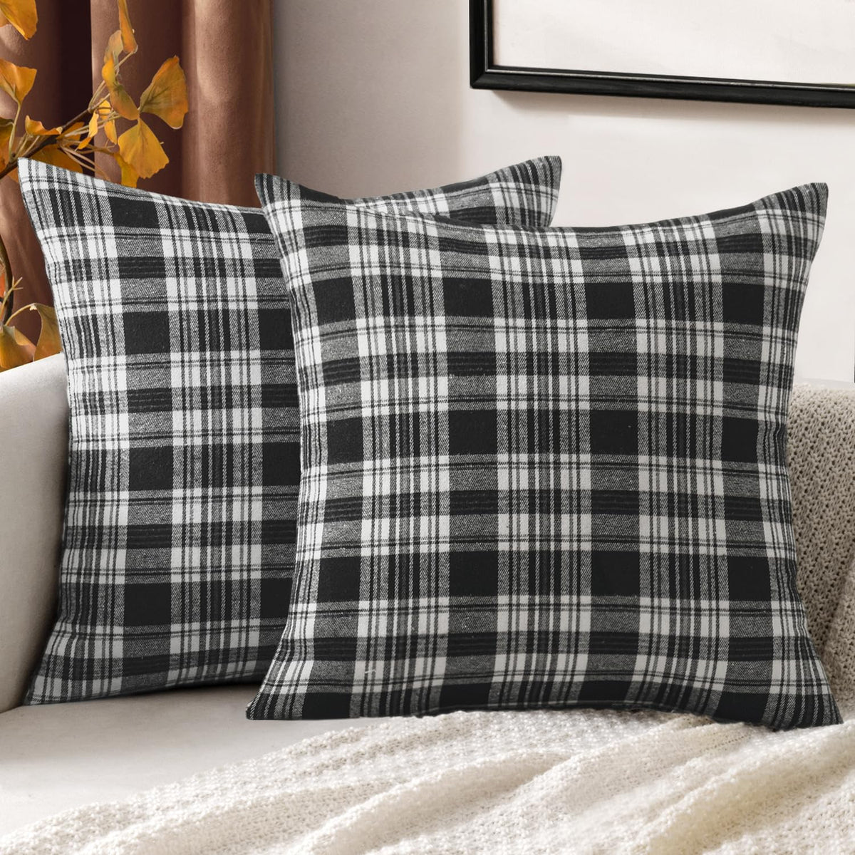 Halloween Plaid Pillow Covers Scottish Tartan 18x18 Black and White
