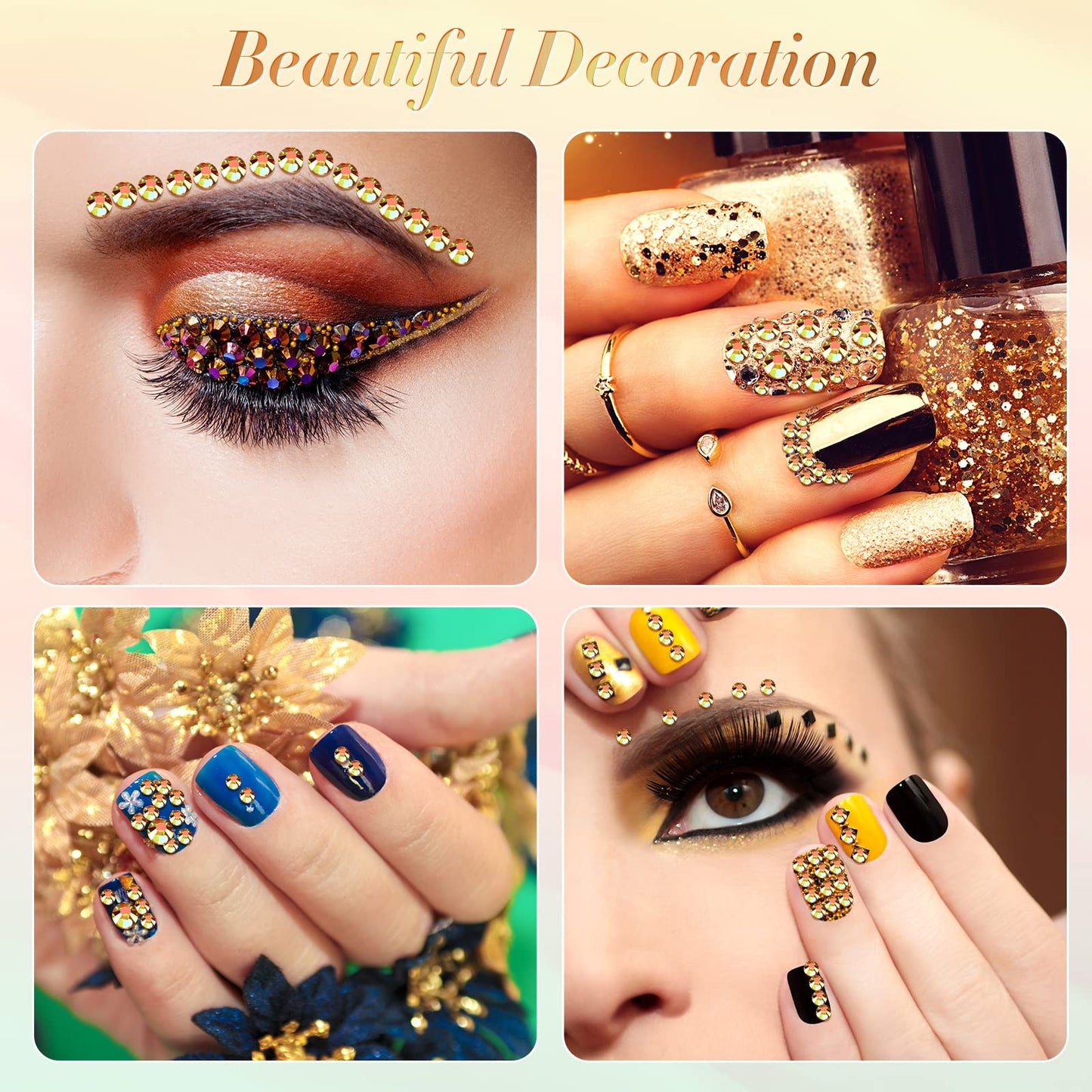 TecUnite 2000 Pieces Flat Back Gems Rhinestones 6 Sizes (1.5-6 Mm) Round Crystal Rhinestones with Tools for Crafts Nail Clothes Shoes Bags DIY Art (Metallic Sunshine)