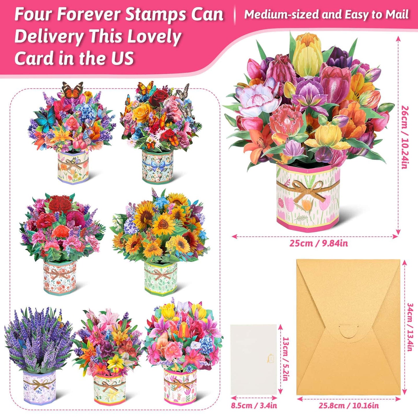 8 Pack Paper Flower Pop Up Cards, Flower Bouquet Card Popup 3D Greeting Cards for Mother's Day, Graduation, Anniversary, Birthday, Congratulations, Get Well, Home Decor, with Envelope and Note