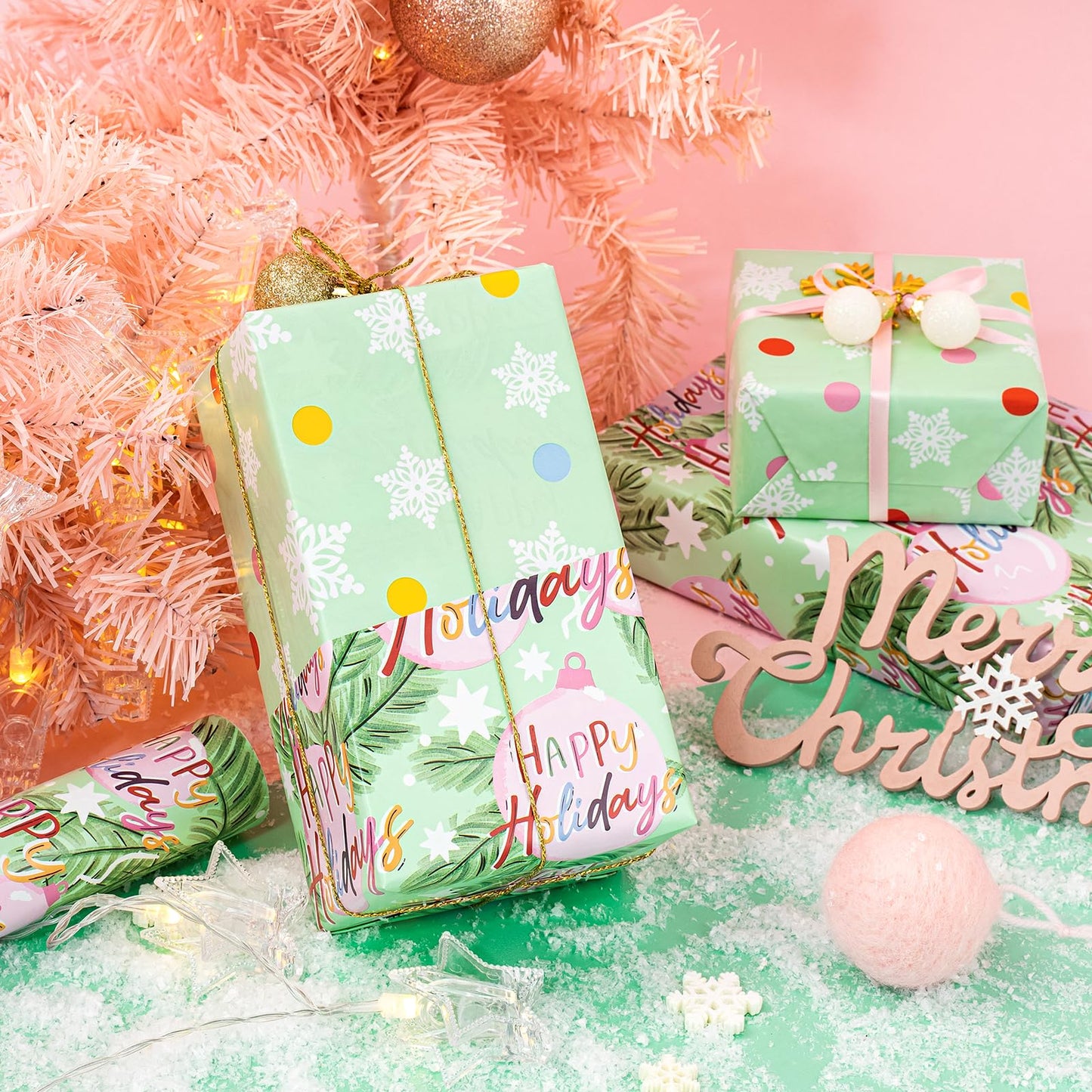 Reversible Christmas Wrapping Paper - Mini Roll - 17 Inch x 33 Feet - Happy Holiday Lettering with Christmas Ball Design for Holiday, Party Celebration