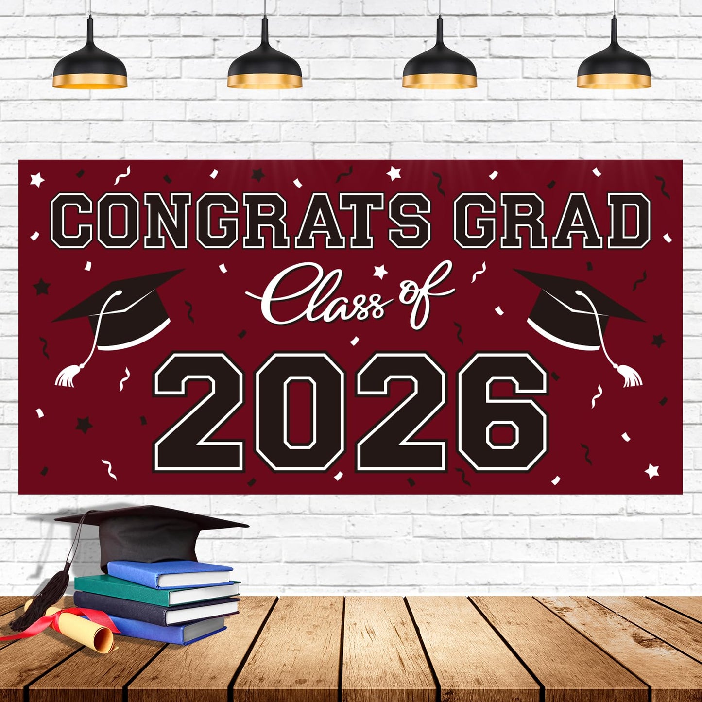 2026 Graduation Party Plastic Backdrop - 65" x 32.7" Congrats Grad Banner in Maroon, Large Class of 2026 Decorations, Photography & Grad Party Supplies