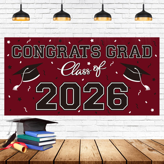 2026 Graduation Party Plastic Backdrop - 65" x 32.7" Congrats Grad Banner in Maroon, Large Class of 2026 Decorations, Photography & Grad Party Supplies