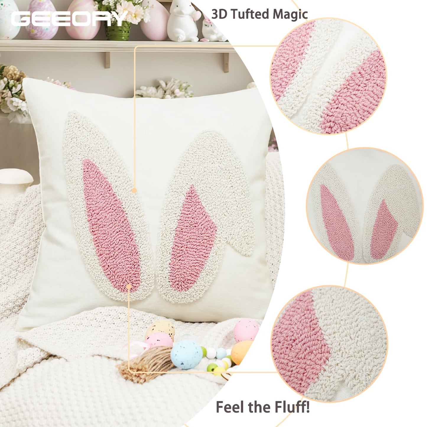 Embroidered Easter Bunny Ears Pillow Cover 18x18 Inch, Spring & Easter Decorations Farmhouse Home Decor Throw Pillow Case for Sofa & Bed GX015-1-18