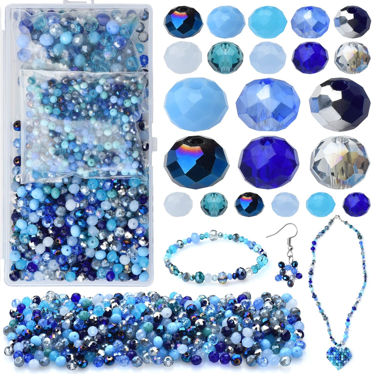 KINGSHINE 4/6/8mm Crystal Glass Beads,3 Sizes Total 1000pcs Faceted Briolette Rondelle Beads with Container,Loose Spacer Beads for DIY Beading Projects,Earrings,Necklaces(Blue Color)
