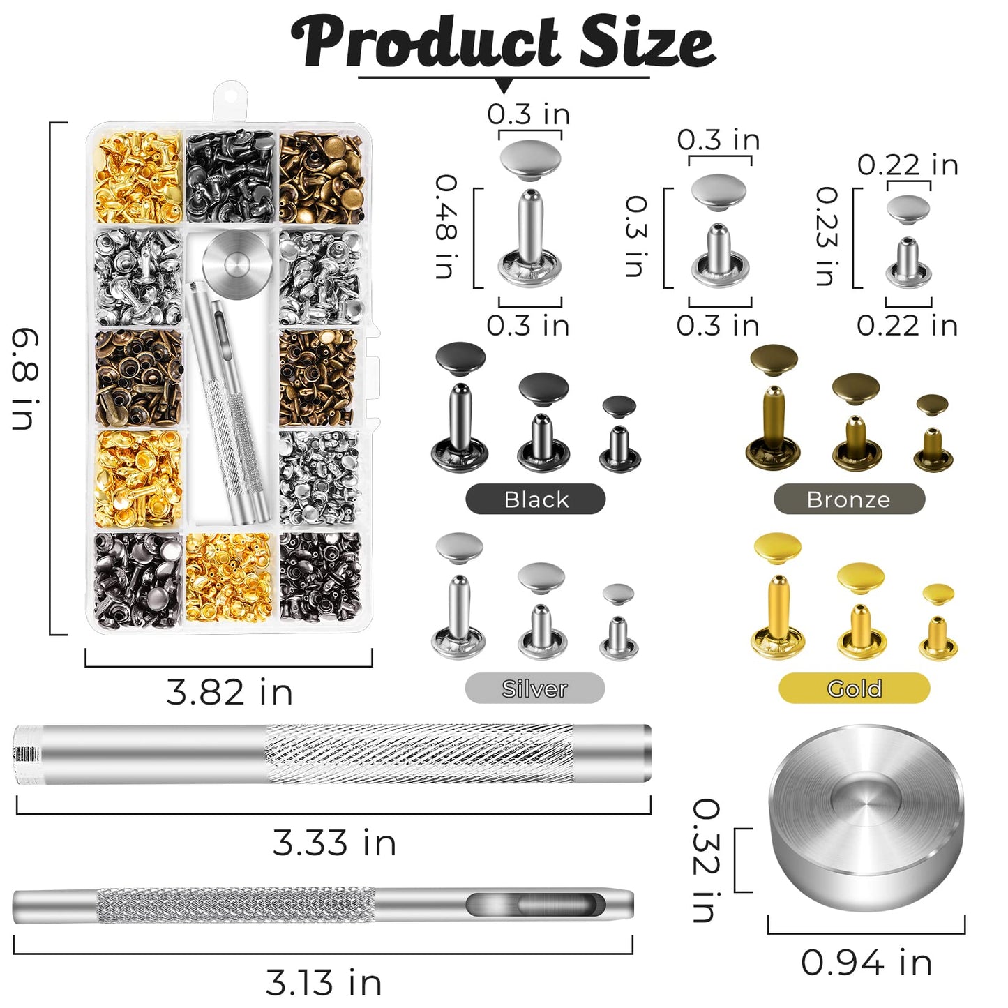 240 Sets Leather Rivets Kit, Double Cap Brass Rivets Leather Studs with 3PCS Setting Tools for Leather Repair and Crafts, 4 Colors and 3 Sizes