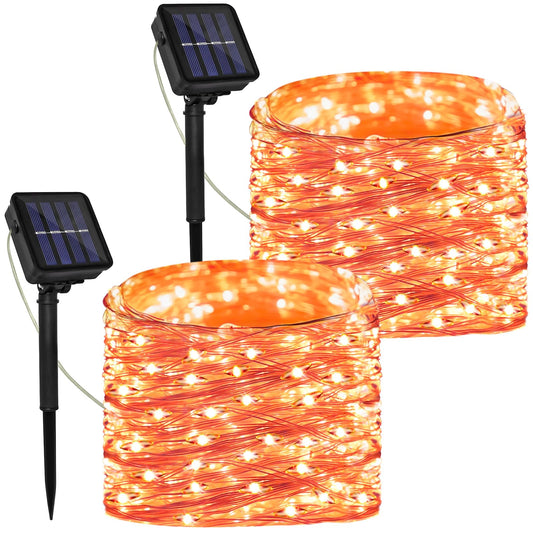 Solar Powered String Lights Outdoor, 2 Pack Total 200 LED 66FT Solar Powered Halloween Decorative Fairy Lights 8 Modes Black Wire for Halloween, Garden, Patio, Party, Yard, Christmas(Orange)