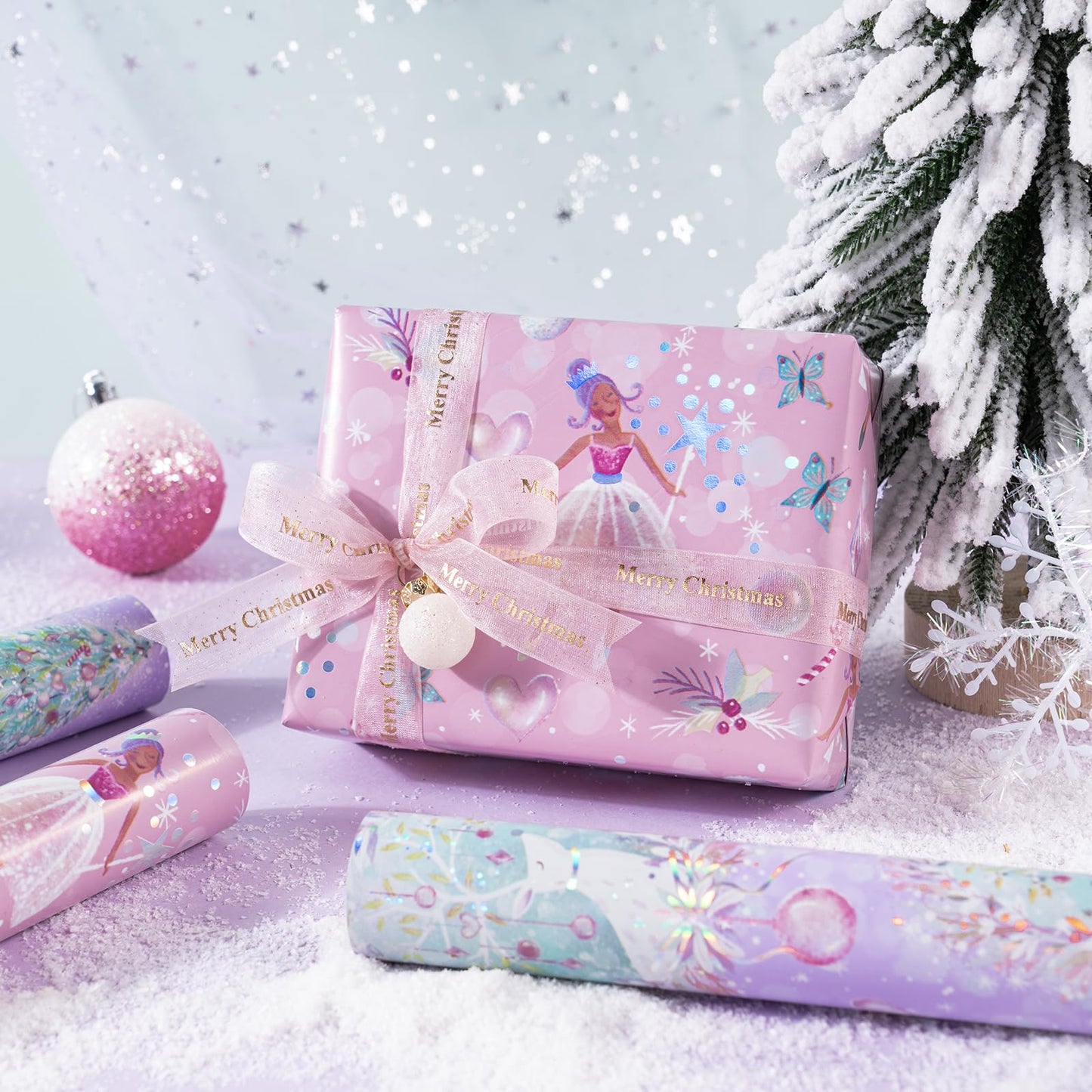 Christmas Wrapping Paper Roll - Mini Roll - 3 Rolls - 17 Inch x 120 Inch Per Roll - Girls Christmas Wrapping Paper - Pastel Purple Holiday Design with Metallic Foil Shine