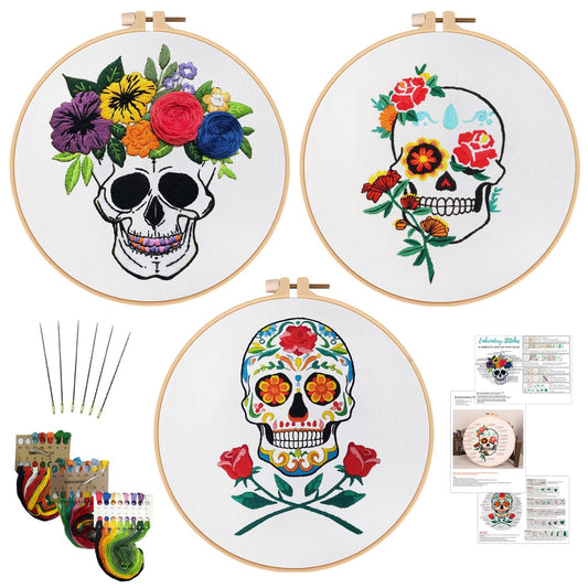 Nuberlic 3 Pack Halloween Skull Embroidery Kit for Adults Beginner Cross Stitch Kits for Starters with Skull Patterns Include 3 Hoop Cloth Thread Needles and Instructions