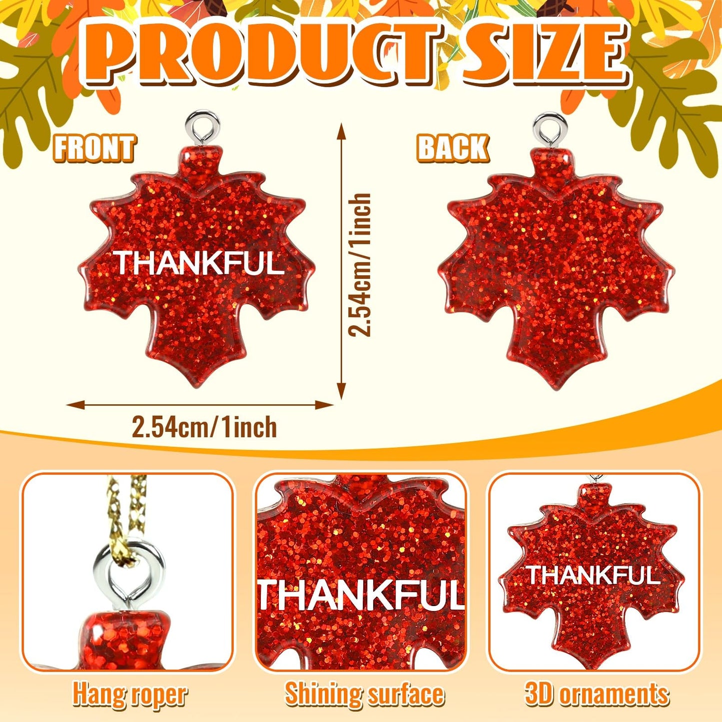 48Pcs Glitter Fall Maple Leaf Ornaments Resin Thanksgiving Hanging Ornaments for Small Tree Autumn Harvest Hanging Pendants Charms with String for Party Favors Home Table Wall Decor