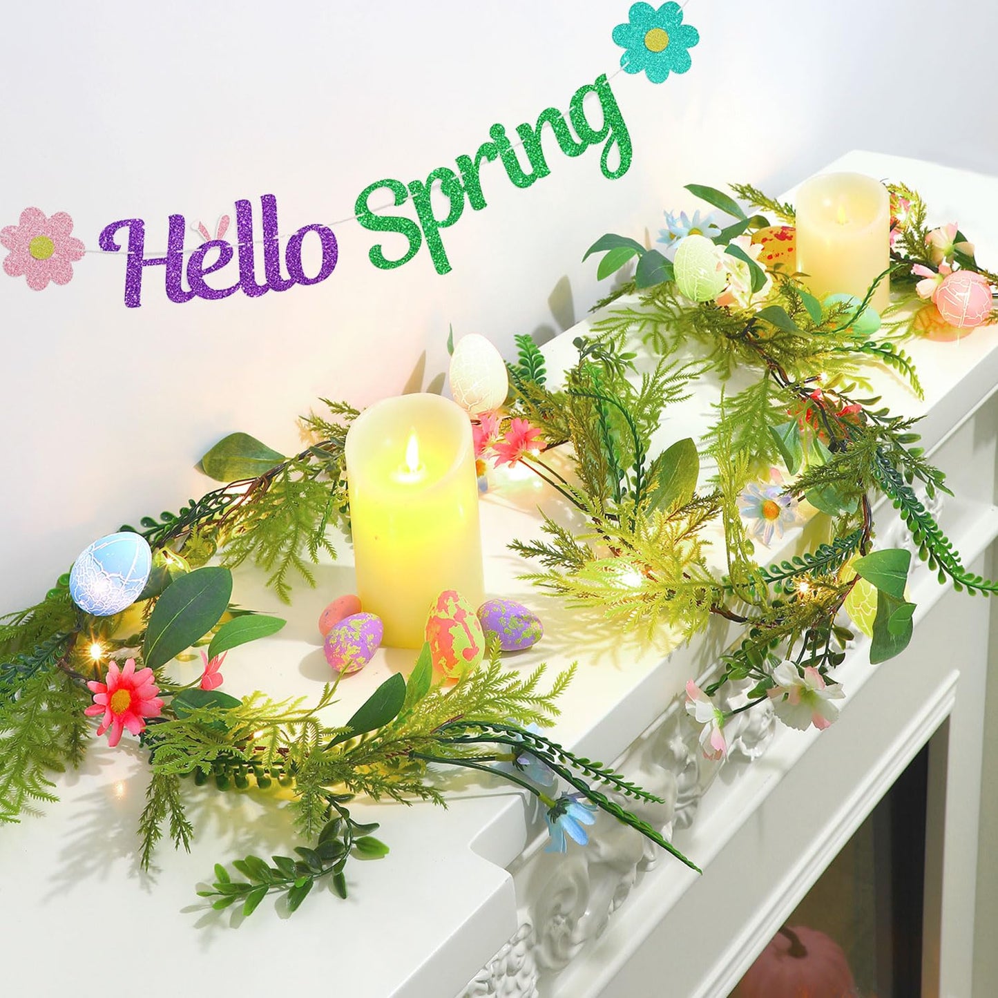 6.7FT Easter Lighted Garland,Artificial Spring Vine Branche with Easter Egg Berries Flower for Mantle Fireplace Home Table Party Decoration